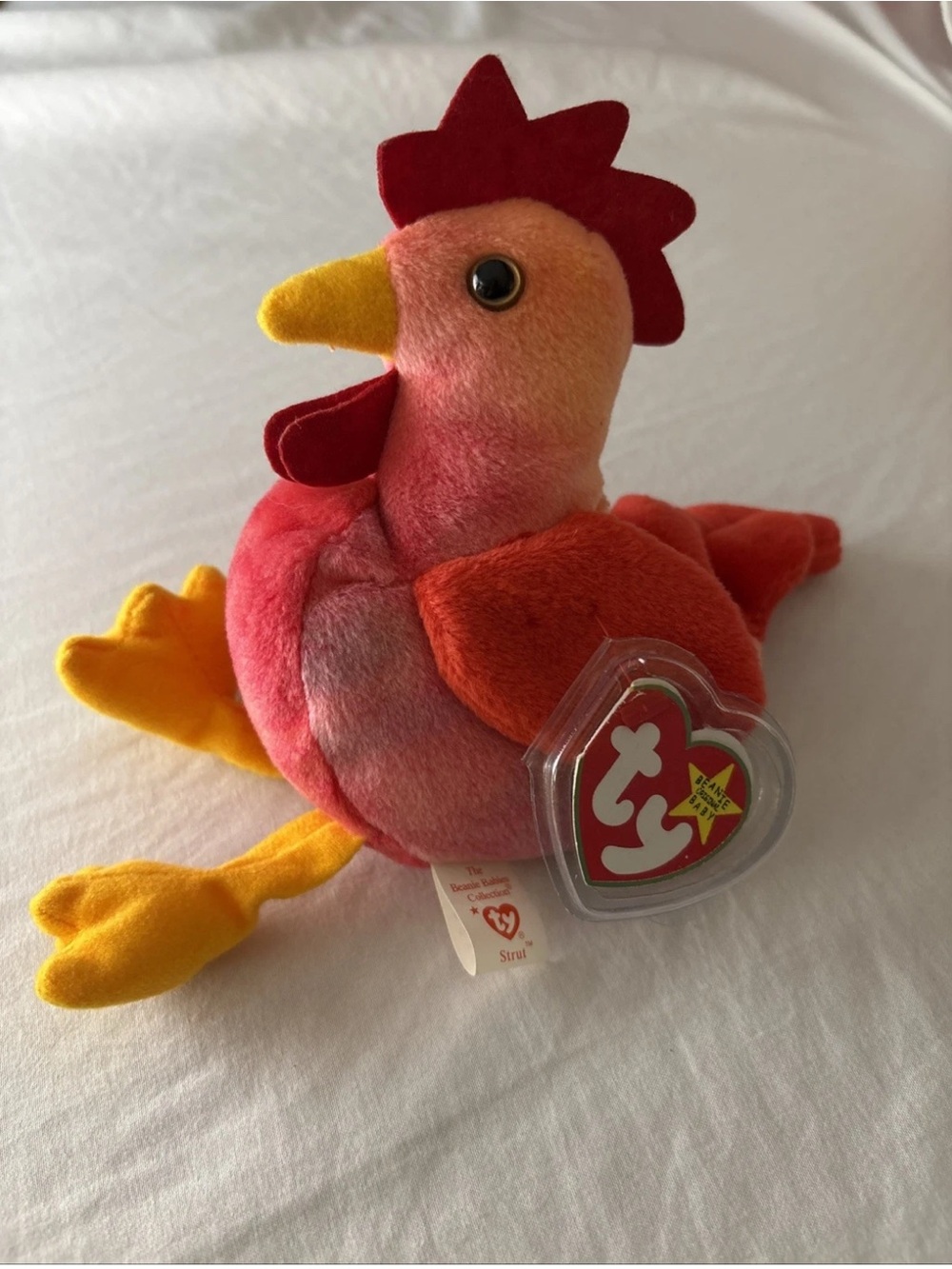 Strut The Rooster, Ty Beanie Babies, PVC Pellets 1996, Rare, Tag-protector